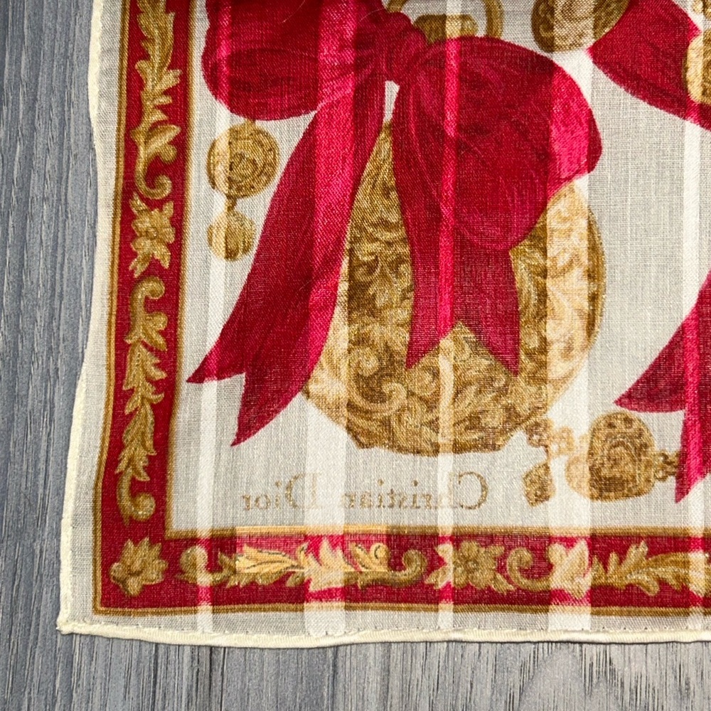 Vintage Christian Dior Gold Chain Red Ribbon Cotton Handkerchief Scarf - Picture 11 of 12